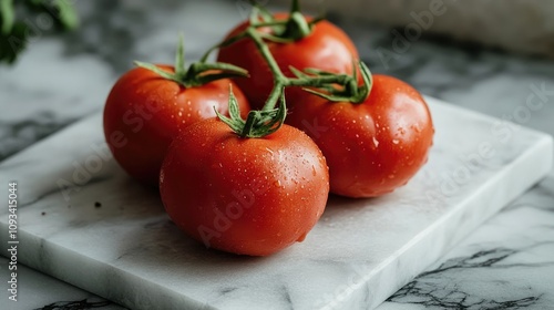 Freshly harvested red tomatoes with dew drops, paired with vibrant green stems, arranged on a marble surface, perfect for culinary and healthy eating themes. photo