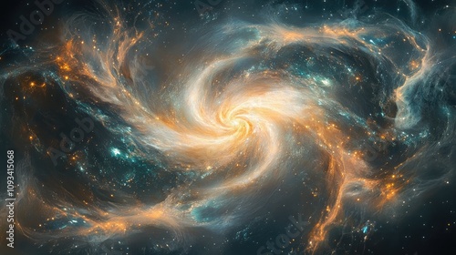 Vibrant cosmic swirls with golden highlights create an abstract depiction of swirling galaxies against a dark celestial background.