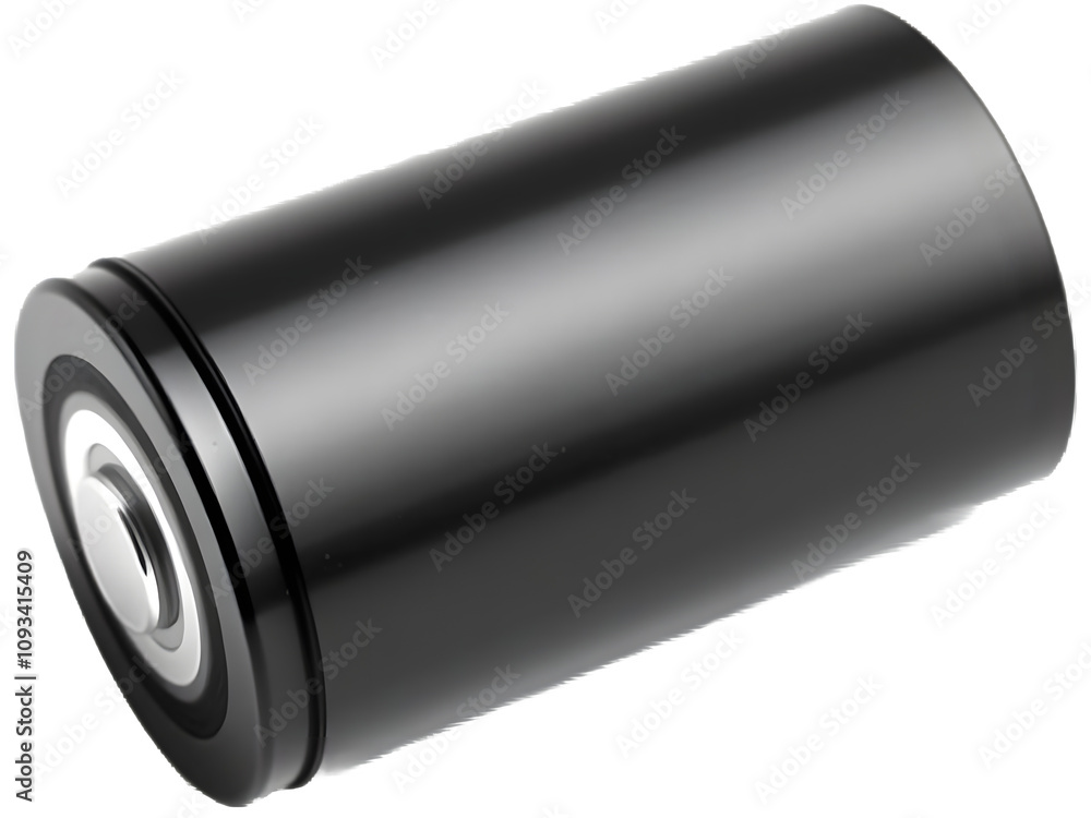 Close-up of a cylindrical battery, sleek and dark, isolated on transparent white background. Close-up of a cylindrical battery, sleek and dark, isolated on transparent white background.