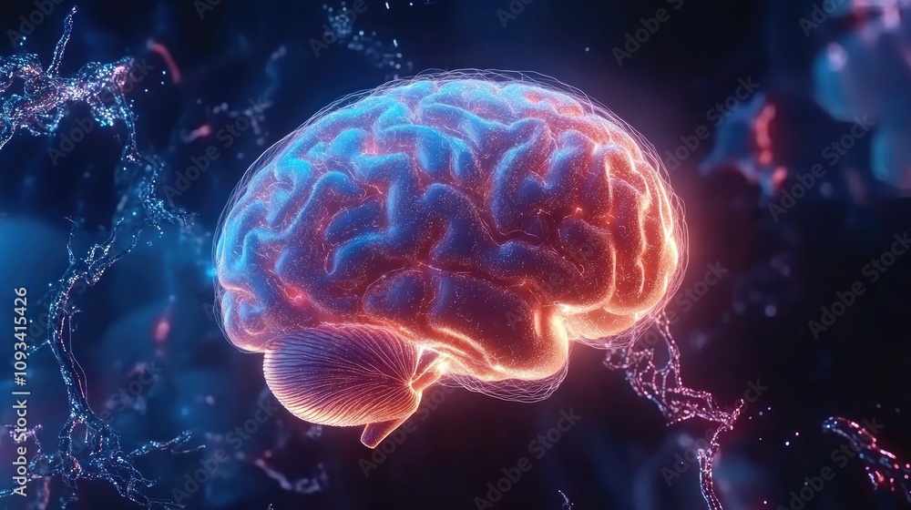 Intricate 3D Rendering of an Active Human Brain Illuminated in Blue and Pink Against a Dark Background, Featuring Futuristic Network Elements and Abstract Patterns Intricate 3D Rendering of an Active Human Brain Illuminated in Blue and Pink Against a Dark Background, Featuring Futuristic Network Elements and Abstract Patterns