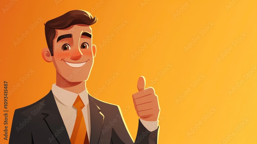 Confident businessman in a suit smiling and giving a thumbs up against a bright orange background, symbolizing positivity and success. Confident businessman in a suit smiling and giving a thumbs up against a bright orange background, symbolizing positivity and success.