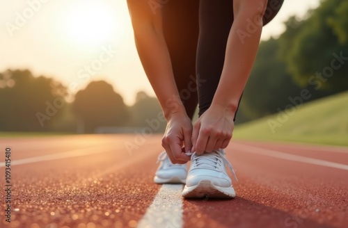 Runner tying shoelaces on track during sunrise, athletic preparation and fitness motivation concept