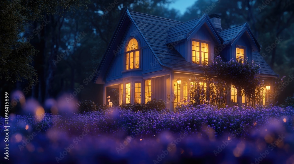 Charming illuminated house at night surrounded by vibrant purple flowers with a light blue exterior and soft glowing windows. Charming illuminated house at night surrounded by vibrant purple flowers with a light blue exterior and soft glowing windows.