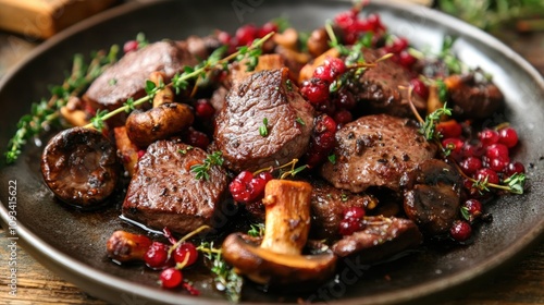Close-up of succulent fried venison medallions served with sautÃ©ed wild mushrooms and vibrant berries on a rustic plate, perfect for culinary showcases.