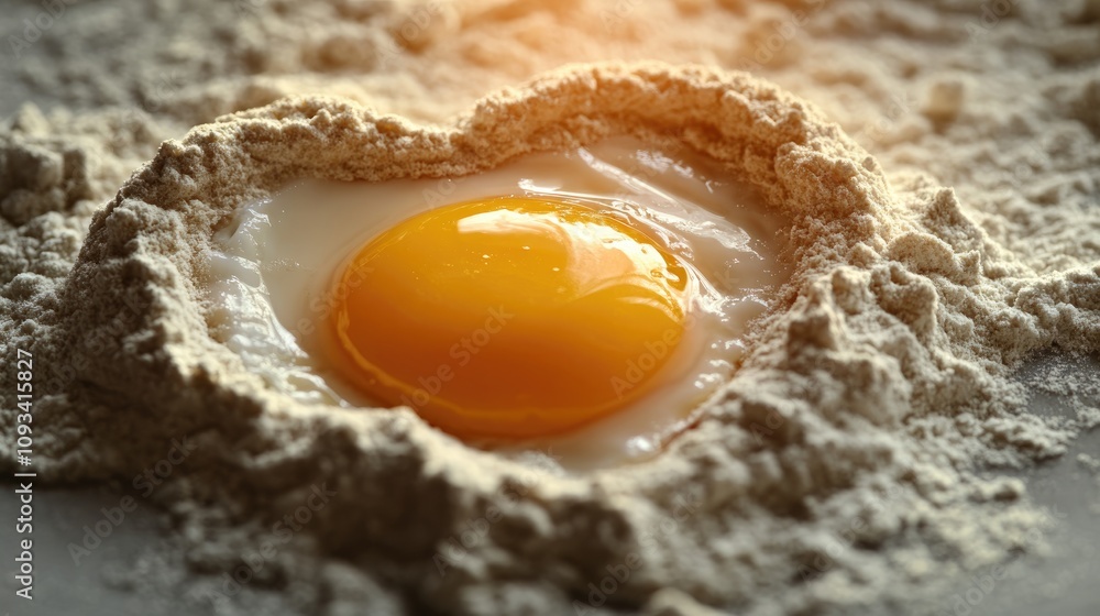 Heart-shaped mound of flour encircling a raw egg yolk, with soft lighting and a blurred background for a serene cooking atmosphere. Heart-shaped mound of flour encircling a raw egg yolk, with soft lighting and a blurred background for a serene cooking atmosphere.