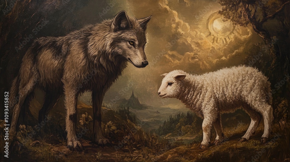 Wolf and Lamb Symbolizing Good Versus Evil in Religious Imagery Depicting Nature and Moral Conflict in Dramatic Background Setting Wolf and Lamb Symbolizing Good Versus Evil in Religious Imagery Depicting Nature and Moral Conflict in Dramatic Background Setting