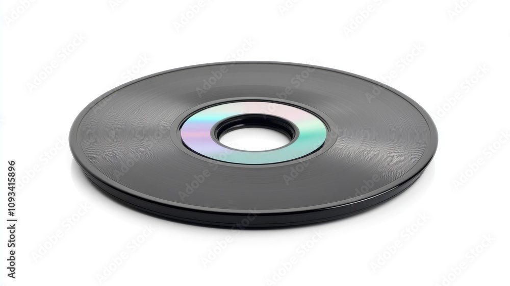 Black DVD or CD with a reflective surface resting on a clean white background showcasing a minimalistic design. Black DVD or CD with a reflective surface resting on a clean white background showcasing a minimalistic design.