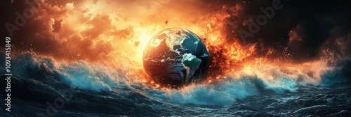 Burning World: A Planet in Peril - Fiery apocalypse, global destruction, environmental disaster, raging waves, climate change. Stock photo symbolizing Earth's vulnerability.