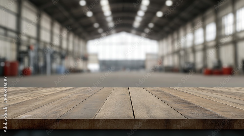 Empty wooden table with ample copy space, set against a blurred spacious industrial warehouse background filled with natural light. Empty wooden table with ample copy space, set against a blurred spacious industrial warehouse background filled with natural light.