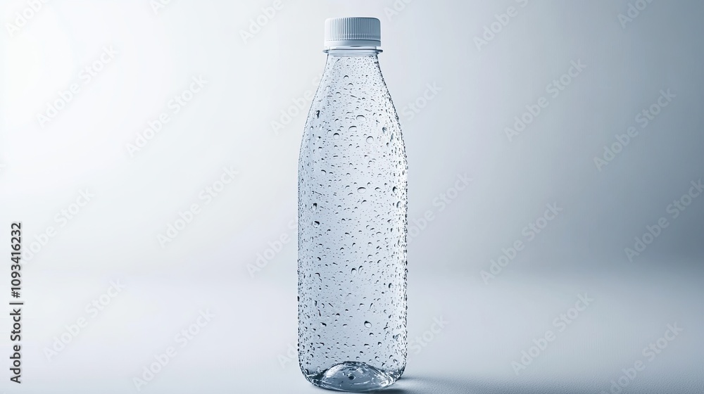 A sleek bottle of mineral water standing upright on a clean white background, droplets forming on the surface. A sleek bottle of mineral water standing upright on a clean white background, droplets forming on the surface.