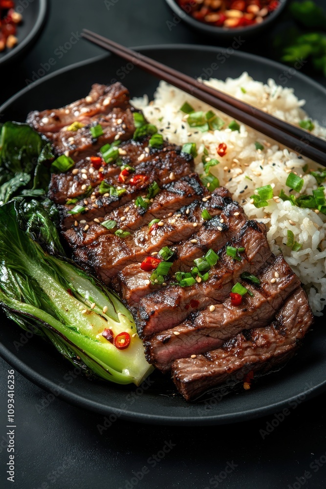 Grilled Beef Steak with Rice and Vegetables Served on Dark Plate Garnished with Green Onions and Red Chili Peppers for Delicious Asian Cuisine Grilled Beef Steak with Rice and Vegetables Served on Dark Plate Garnished with Green Onions and Red Chili Peppers for Delicious Asian Cuisine
