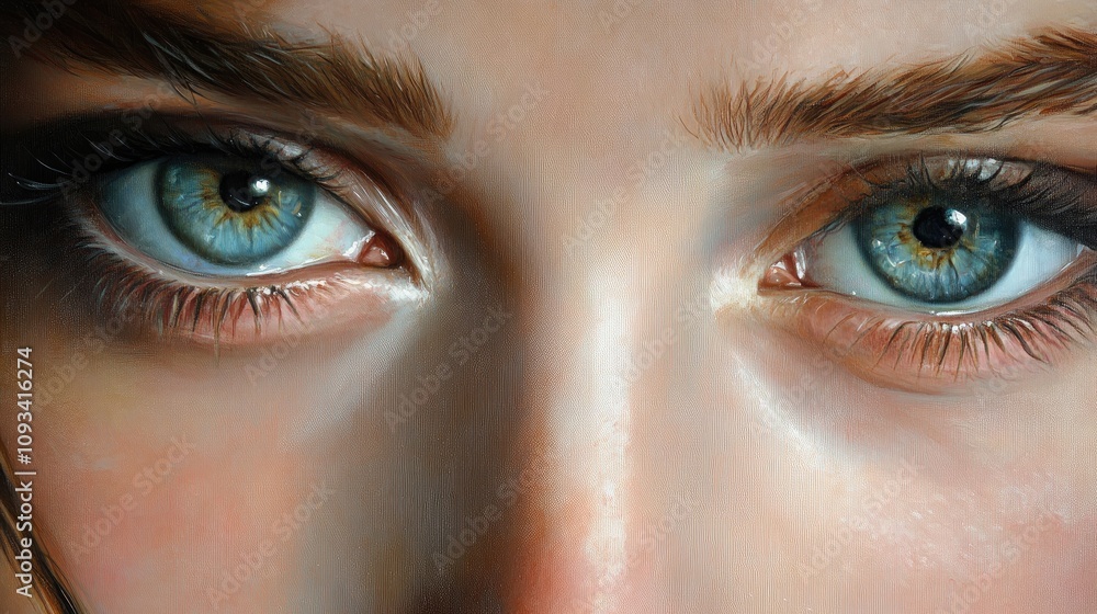 Fototapeta premium Close-Up of Striking Blue Eyes Exuding Calmness with Detailed Lashes and a Softly Blurred Background, Highlighting Realistic Facial Features