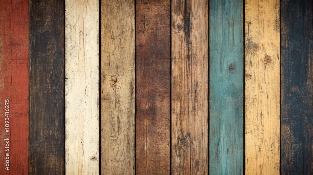 Textured wooden background with colorful planks in shades of brown, blue, cream, and red, creating a rustic feel. Textured wooden background with colorful planks in shades of brown, blue, cream, and red, creating a rustic feel.