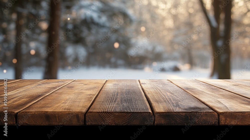 Fototapeta premium Warm wooden tabletop in front of a softly blurred winter forest scene, bathed in sunlight, perfect for product display or overlay. High-quality image.