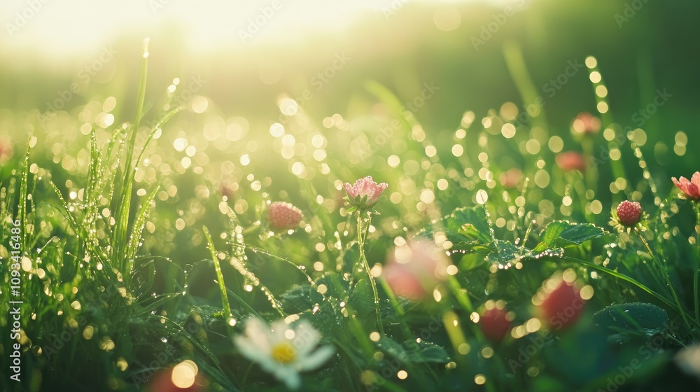 Fresh, dewy strawberries nestled in a sunlit field, surrounded by lush green grass and blooming wildflowers, capturing the essence of a serene morning. Fresh, dewy strawberries nestled in a sunlit field, surrounded by lush green grass and blooming wildflowers, capturing the essence of a serene morning.