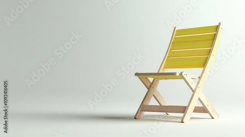 Bright yellow wooden folding chair with a simple slatted design, set against a clean white background, emphasizing its minimalist style and functionality.