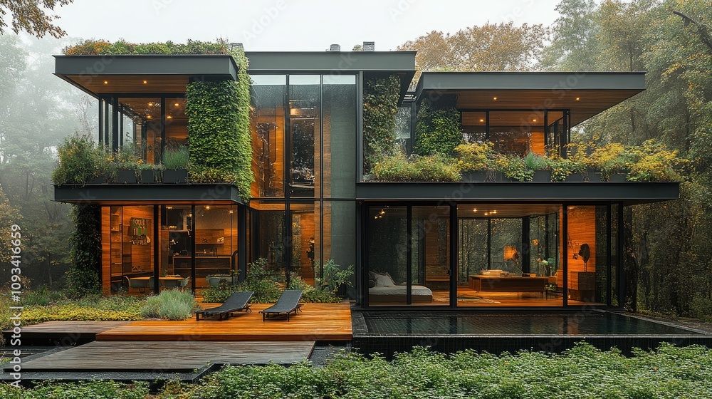 Modern house with greenery, large windows, and a serene outdoor setting. Modern house with greenery, large windows, and a serene outdoor setting.