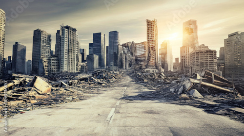 A photograph of a post-apocalyptic cityscape with destroyed skyscrapers and rubble along the road.  photo