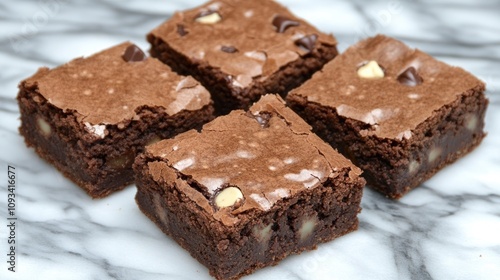 Delicious homemade chocolate chip brownies arranged on a sleek marble surface, highlighting a tempting dessert option.