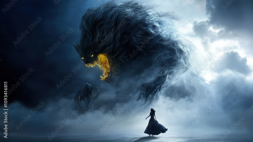 Naklejka premium A woman stands in front of a monster with a glowing eye