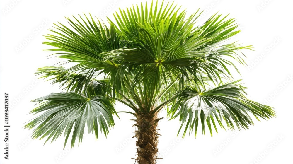Stunning closeup of a vibrant palm tree with lush green fronds against a pure white background highlighting its natural beauty and elegance. Stunning closeup of a vibrant palm tree with lush green fronds against a pure white background highlighting its natural beauty and elegance.