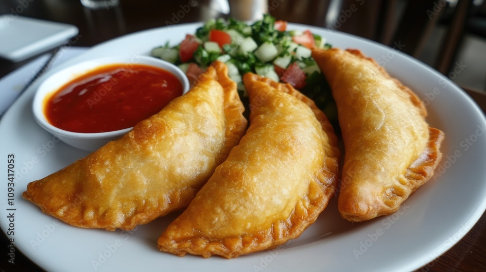 Golden fried empanadas filled with meat and vegetables served on a plate with a side of rich red sauce and fresh salad for a savory meal. Golden fried empanadas filled with meat and vegetables served on a plate with a side of rich red sauce and fresh salad for a savory meal.