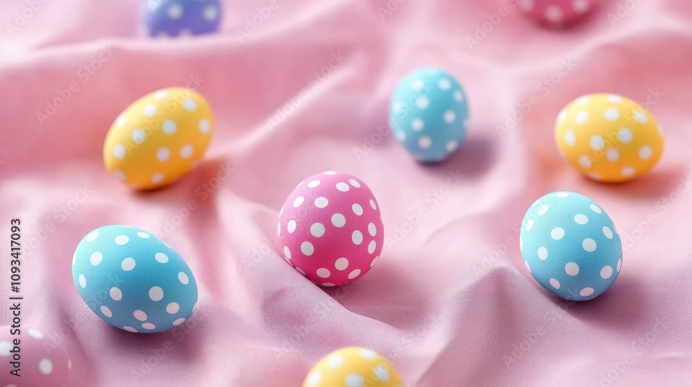Colorful polka dot Easter eggs scattered on a soft pink fabric background creating a cheerful festive atmosphere. Colorful polka dot Easter eggs scattered on a soft pink fabric background creating a cheerful festive atmosphere.
