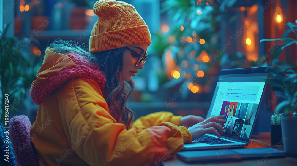 Obraz premium a young woman wearing a colorful jacket and beanie, sitting at a table and working on a laptop. The scene is lit with vibrant, colorful, artificial lighting. The overall aesthetic is trendy and mode