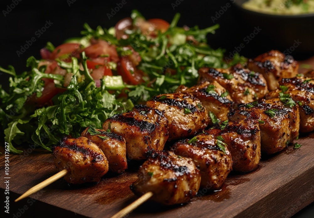 Grilled Chicken Skewers Served on a Wooden Board with Fresh Salad and Vegetables on a Dark Background for Delicious Culinary Presentation Grilled Chicken Skewers Served on a Wooden Board with Fresh Salad and Vegetables on a Dark Background for Delicious Culinary Presentation