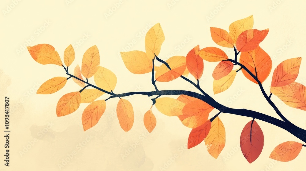 Vibrant autumn branch illustration with a minimalist retro style showcasing bright yellow and orange leaves against a soft background. Vibrant autumn branch illustration with a minimalist retro style showcasing bright yellow and orange leaves against a soft background.