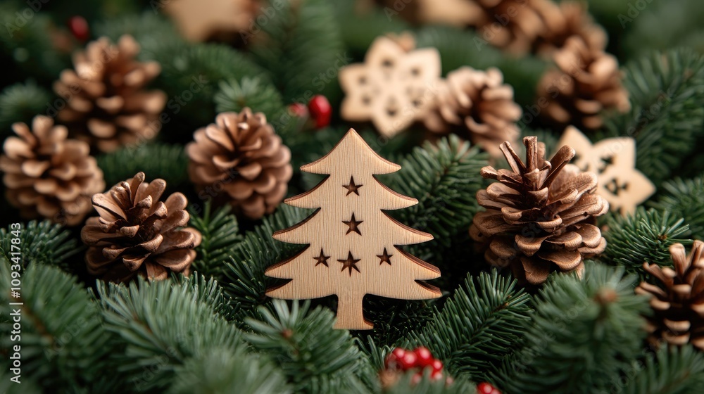 Wooden pine tree ornament surrounded by pine cones and festive decorations in a lush green arrangement for Christmas and New Year celebrations Wooden pine tree ornament surrounded by pine cones and festive decorations in a lush green arrangement for Christmas and New Year celebrations