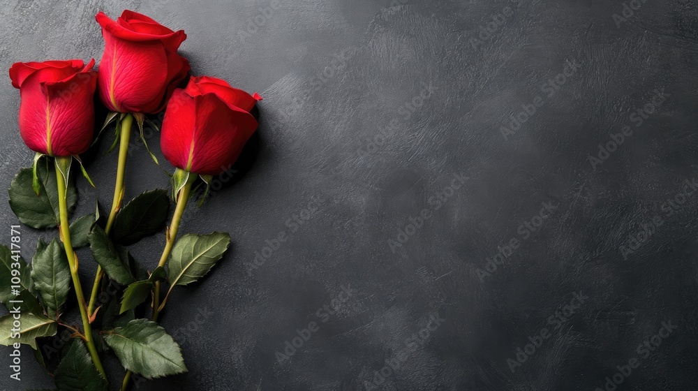 Red rose bouquet with lush green leaves against a dark textured backdrop, creating ample copy space for romantic messages or Valentine’s Day text. Red rose bouquet with lush green leaves against a dark textured backdrop, creating ample copy space for romantic messages or Valentine’s Day text.