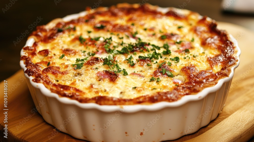 Golden brown quiche baked in a round dish, garnished with fresh herbs, perfect for brunch or a hearty meal. Golden brown quiche baked in a round dish, garnished with fresh herbs, perfect for brunch or a hearty meal.