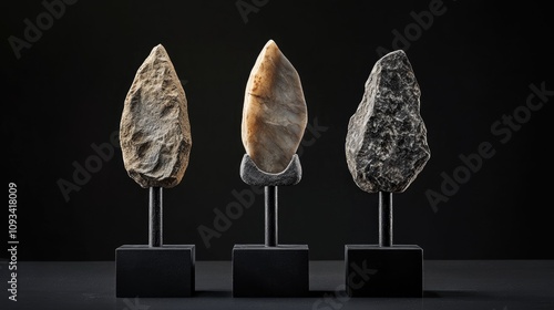 Neolithic stone adzes from Acheulean culture showcased on stands, featuring distinct flint textures and shapes against a sleek black background. photo