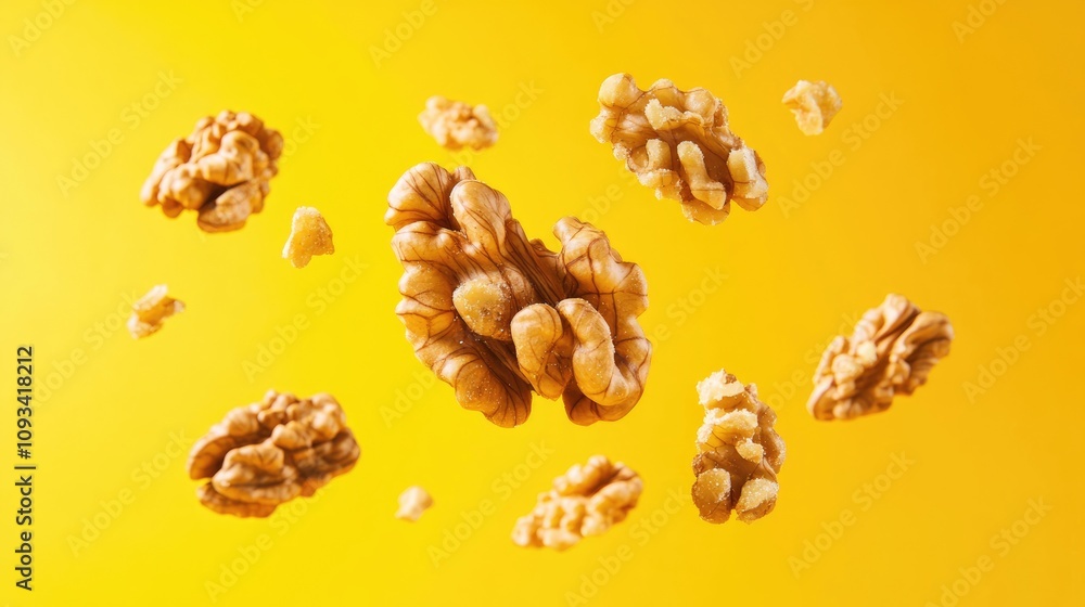 Obraz premium Levitating whole and cracked walnuts against a vibrant yellow background highlighting healthy snacking and superfood qualities. Perfect for nutrition-focused advertising.
