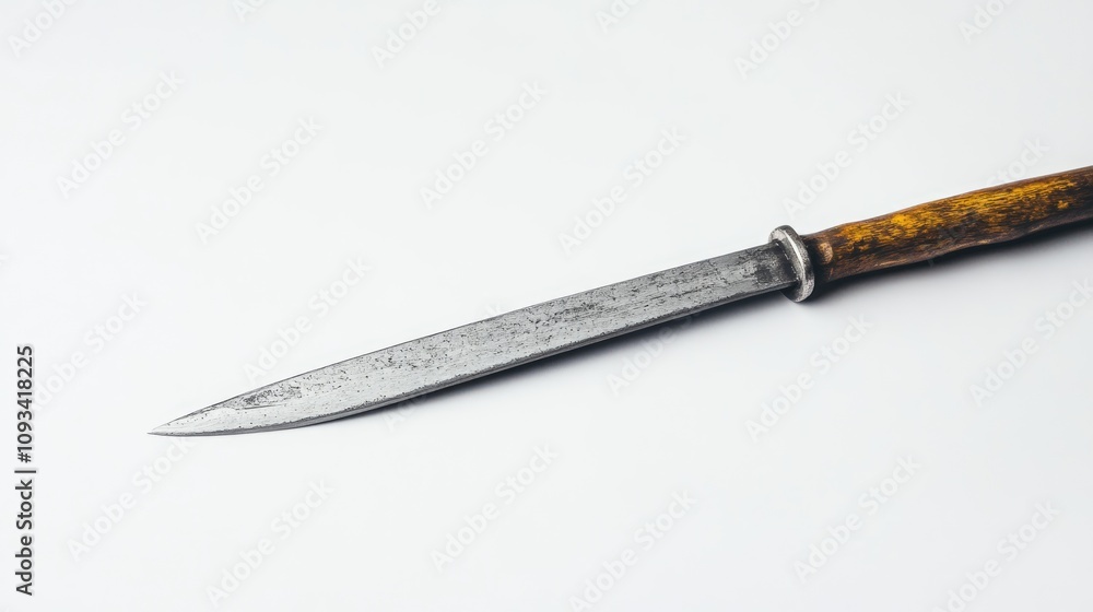Antique sharpening steel featuring a worn metal blade and a rustic wooden handle, presented against a clean white background. Antique sharpening steel featuring a worn metal blade and a rustic wooden handle, presented against a clean white background.