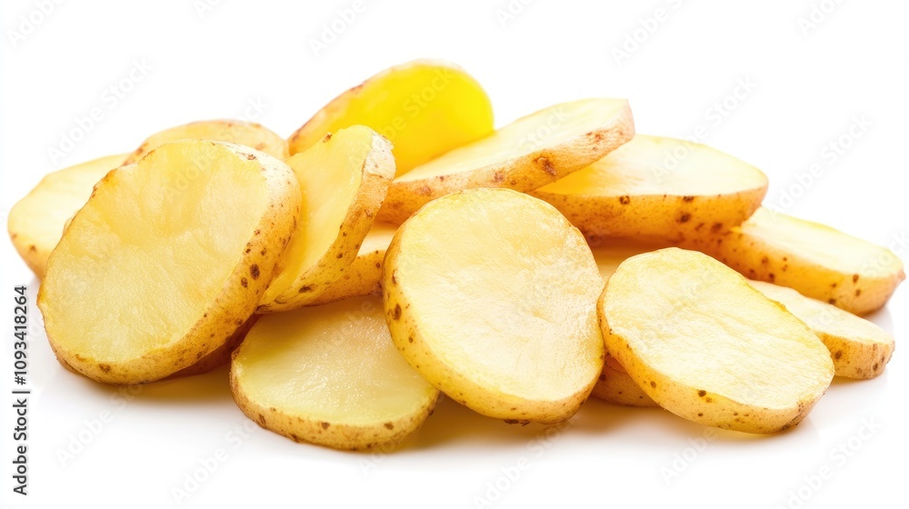 Sliced raw potato rounds arranged on a white surface, ideal for preparing crispy French fries, showcasing their fresh texture and natural color. Sliced raw potato rounds arranged on a white surface, ideal for preparing crispy French fries, showcasing their fresh texture and natural color.