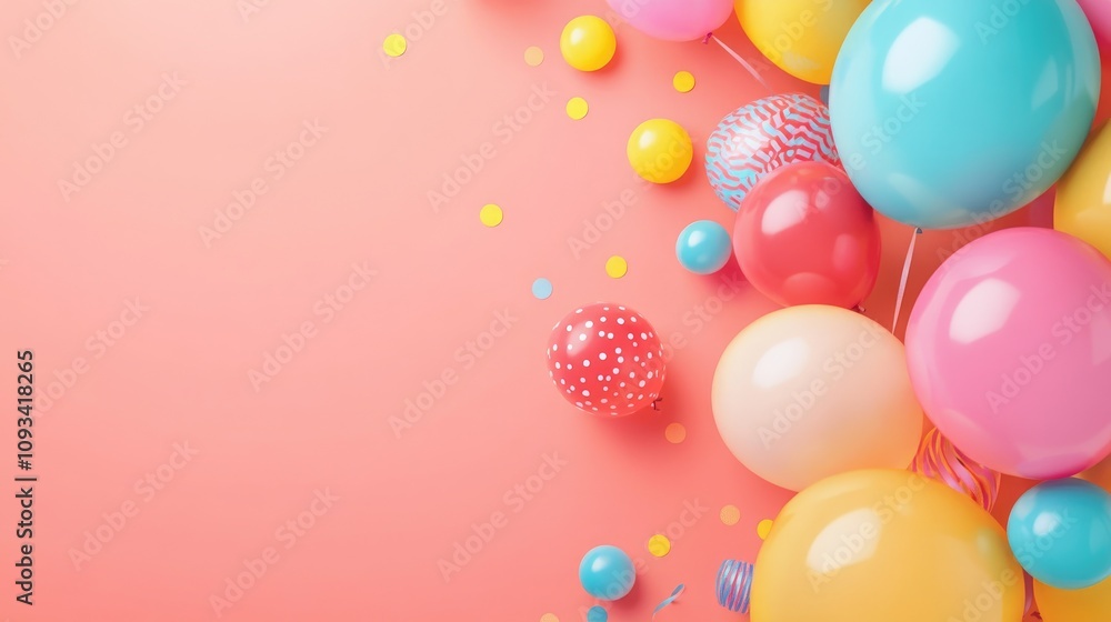 Vibrant assortment of glossy birthday balloons in a flat lay composition on a soft pink background, featuring ample copy space for personalized messages. Vibrant assortment of glossy birthday balloons in a flat lay composition on a soft pink background, featuring ample copy space for personalized messages.