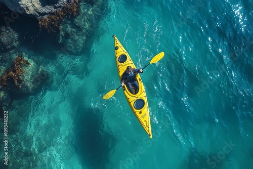 Aerial View of a Kayaker Paddling in a Bright Yellow Kayak on Beautiful, Clear Blue Water Surrounded by Nature