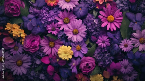 Colorful top view of a vibrant flower arrangement showcasing purple, pink, and yellow chrysanthemums and daisies amidst a lush floral backdrop.