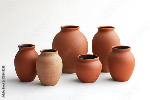 a group of clay pots on white