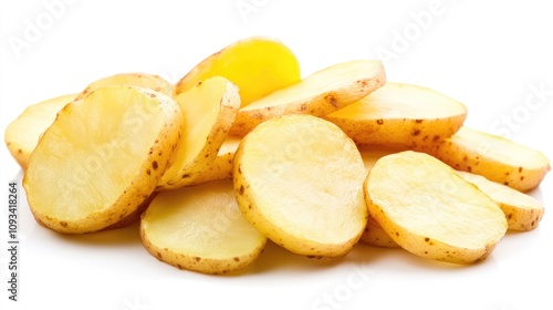 Sliced raw potato rounds arranged on a white surface, ideal for preparing crispy French fries, showcasing their fresh texture and natural color.