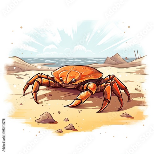 Detailed Illustration of a Vibrant Orange Crab Walking Along a Sandy Beach with Waves and a Bright Sky in the Background, Ideal for Coastal Themes photo