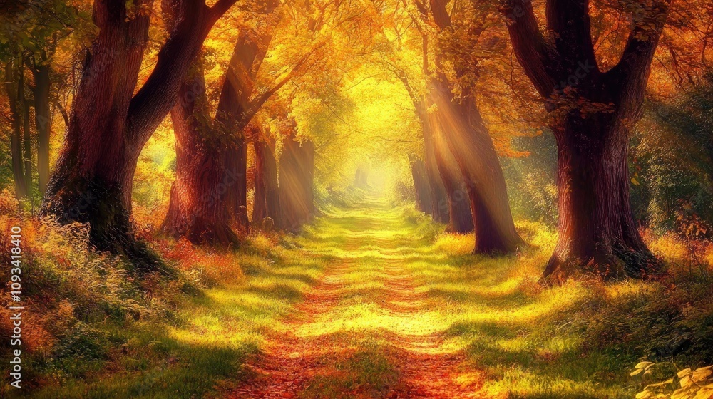 Serene winding path through a vibrant autumn forest with tall trees, dappled sunlight filtering through colorful leaves and a tranquil atmosphere Serene winding path through a vibrant autumn forest with tall trees, dappled sunlight filtering through colorful leaves and a tranquil atmosphere