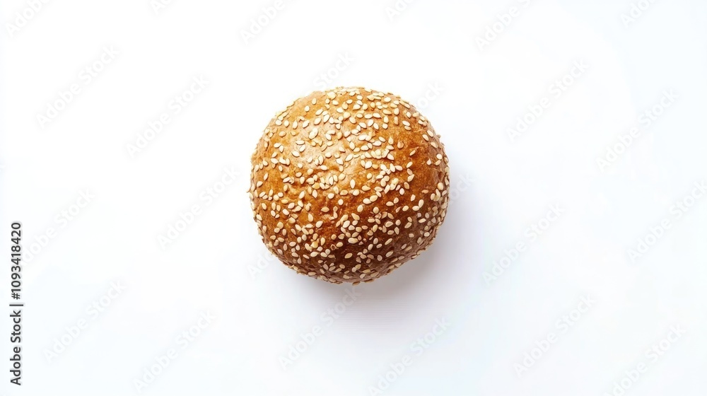 Sesame seed hamburger bun round shape with a golden-brown crust viewed from above isolated on a plain white background