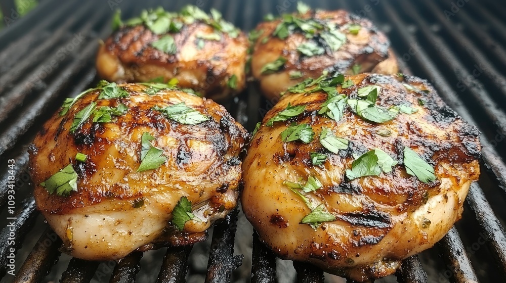 Juicy grilled chicken thighs garnished with fresh herbs, sizzling on the barbecue grill, creating a tantalizing savory delight. Juicy grilled chicken thighs garnished with fresh herbs, sizzling on the barbecue grill, creating a tantalizing savory delight.