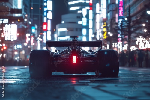 Carbon Fiber F1 Race Car at Night in City - Powerful F1 car, sleek design, city lights, night race, speed, adrenaline. photo