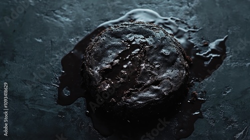 Aerial view of a rich homemade chocolate cake with glossy chocolate ganache on a dark surface, creating a dramatic and indulgent presentation. photo