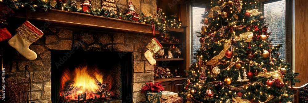 Christmas Fireplace and Decorated Tree - Festive Christmas scene with a cozy fireplace, decorated Christmas tree, stockings, and gifts. Symbolizing warmth, joy, family, tradition, and celebration. Christmas Fireplace and Decorated Tree - Festive Christmas scene with a cozy fireplace, decorated Christmas tree, stockings, and gifts. Symbolizing warmth, joy, family, tradition, and celebration.