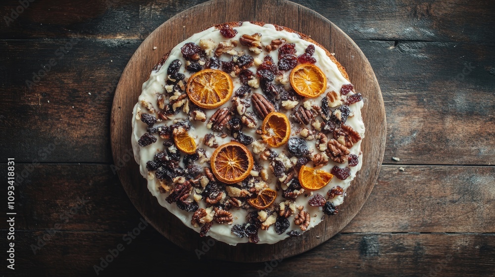 Festive fruit cake adorned with icing, nuts, and dried orange slices on a rustic wooden board, ideal for winter celebrations and gatherings. Festive fruit cake adorned with icing, nuts, and dried orange slices on a rustic wooden board, ideal for winter celebrations and gatherings.